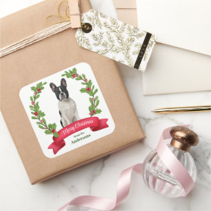 Pegatina Cuadrada Holly Banner Black White Bulldog Holiday