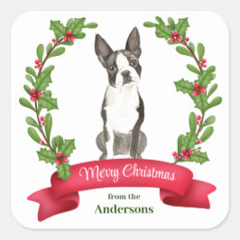 Pegatina Cuadrada Holly Banner Boston Terrier Dog Navidades