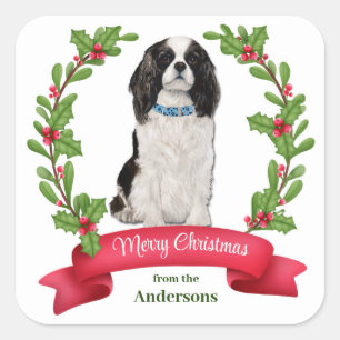 Pegatina Cuadrada Holly Banner Cavalier King Charles Spaniel Holiday