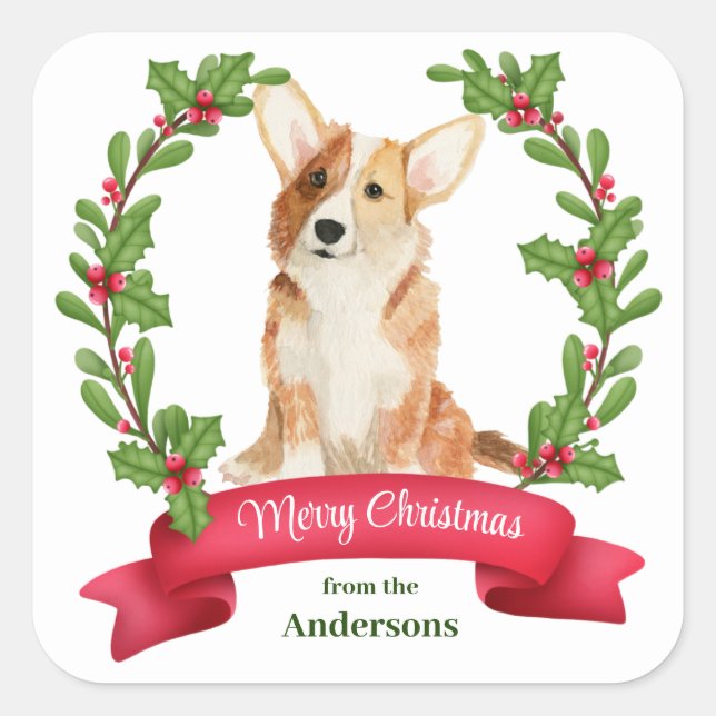 Pegatina Cuadrada Holly Banner Corgi Dog Navidades (Anverso)