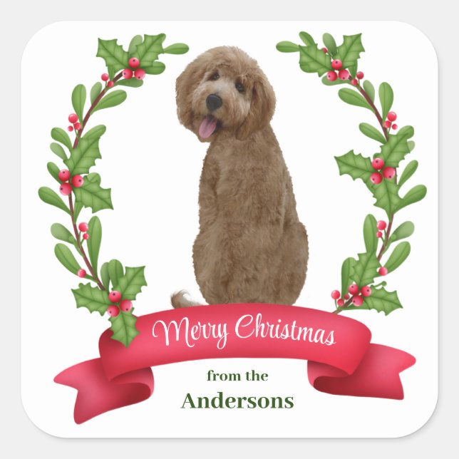 Pegatina Cuadrada Holly Banner Labradoodle Dog Navidades (Anverso)