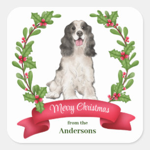 Pegatina Cuadrada Holly Banner Parti Color Cocker Spaniel Navidades
