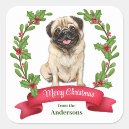 Pegatina Cuadrada Holly Banner Pug Dog Navidades