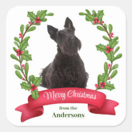 Pegatina Cuadrada Holly Banner Scottish Terrier Dog Navidades