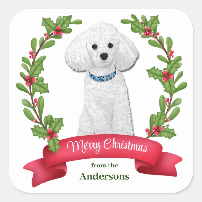 Pegatina Cuadrada Holly Banner White Poodle Navidades (Anverso)
