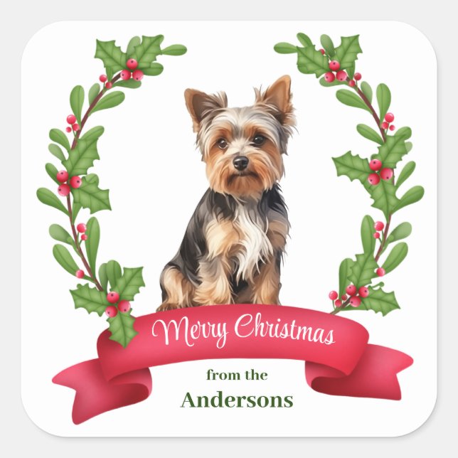 Pegatina Cuadrada Holly Banner Yorkshire Terrier Navidades (Anverso)
