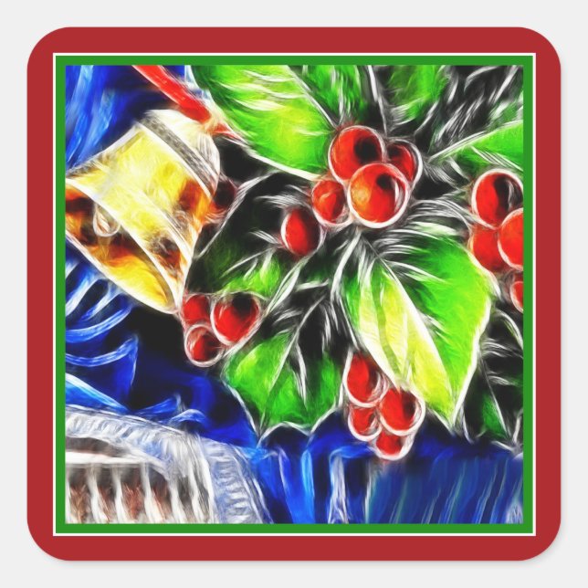 Pegatina Cuadrada Holly de estilo antiguo con la Campana dorada (Anverso)