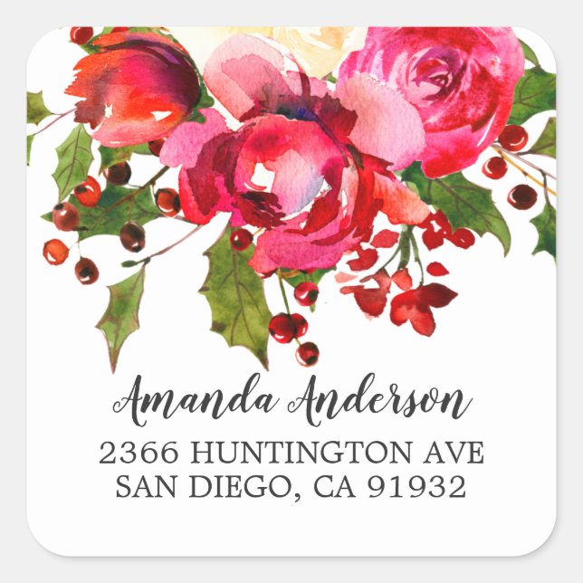 Pegatina Cuadrada Holly Floral Bridal Shower Return Address (Anverso)