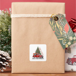 Pegatina Cuadrada Holly Jolly Delivery Red Truck Business Holiday