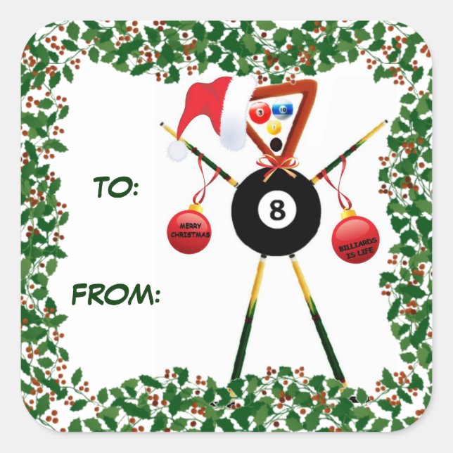 Pegatina Cuadrada Holly Navidades Billiards Gift Tag (Anverso)