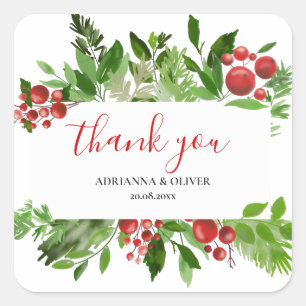Pegatina Cuadrada Holly Red Berry Navidades Boda Gracias