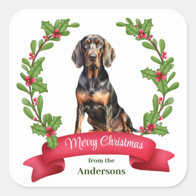 Pegatina Cuadrada Holly Wreath Black Tan Coonhound Navidades (Anverso)