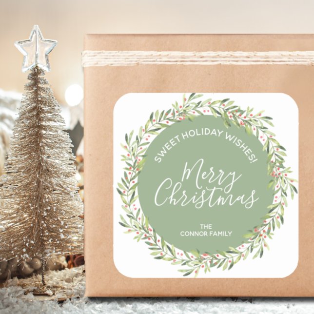 Pegatina Cuadrada Holly Wreath Navidades de vacaciones caseras (Subido por el creador)