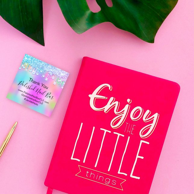 Pegatina Cuadrada Holografía Gracias A Diamond Drits Nail Pink (Holographic Thank You Diamond Drips Nail Pink Square Sticker)