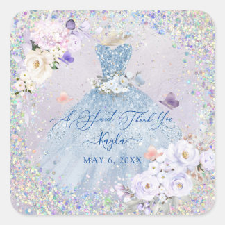 Pegatina Cuadrada Holográfico Confetti Sweet 16 Dusty Blue Gown