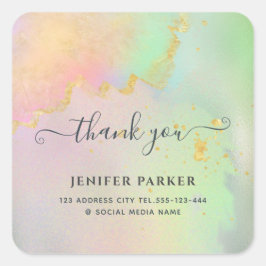 Pegatina Cuadrada Holográfico oro acuarela escritura agradecimiento 