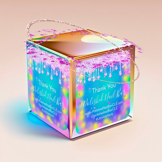 Pegatina Cuadrada Holograma Gracias Diamond Drin Nails Hot Pink (Holograph Thank You Diamond Drip Nails Hot Pink Square Sticker)