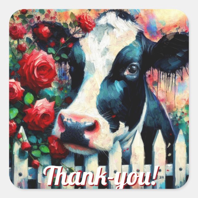 Pegatina Cuadrada Holstein Cow Picket Fence Red Roses Black Red (Anverso)