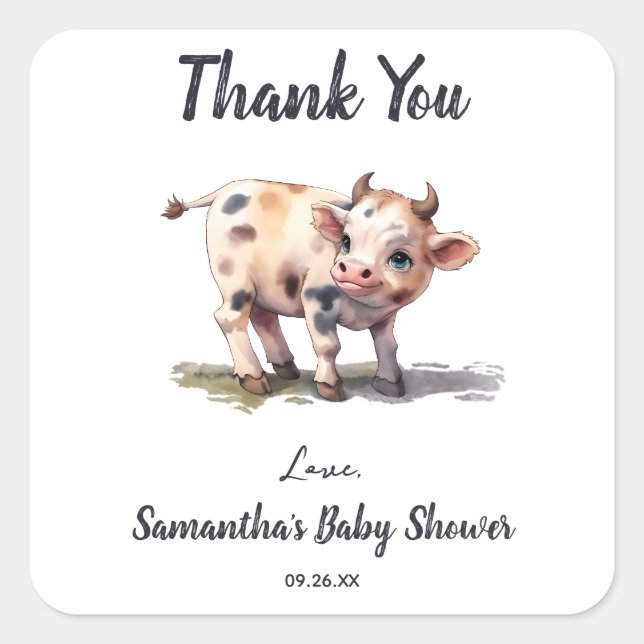 Pegatina Cuadrada Holy Cow Cute Farm Animal Baby Shower Gracias (Anverso)
