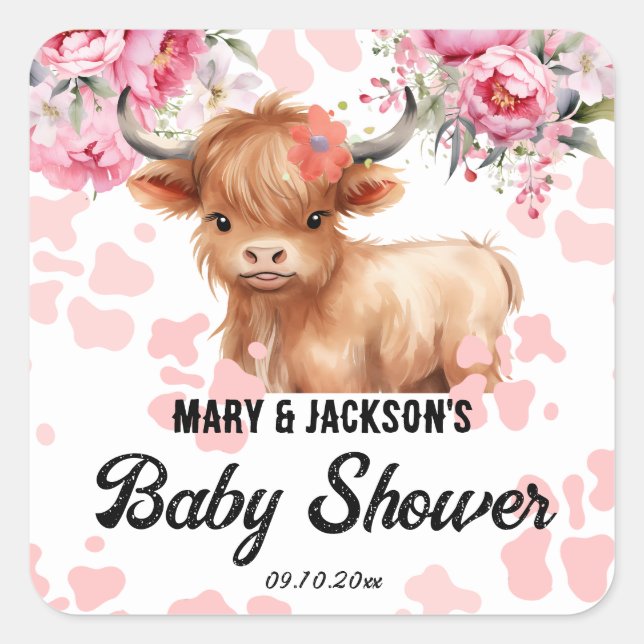Pegatina Cuadrada Holy Cow Floral Baby Shower (Anverso)