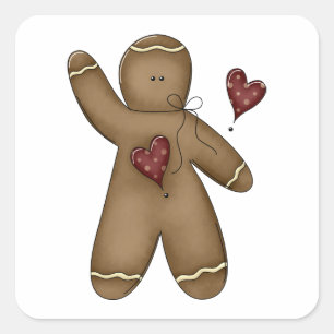 Pegatina Cuadrada Hombre de jengibre agitando con corazones de lunar