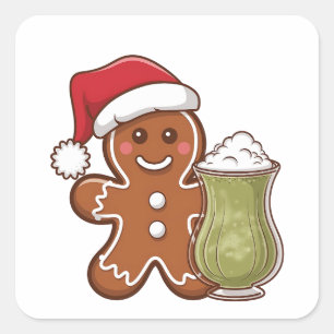 Pegatina Cuadrada Hombre de jengibre con bebida de matcha Navidad 