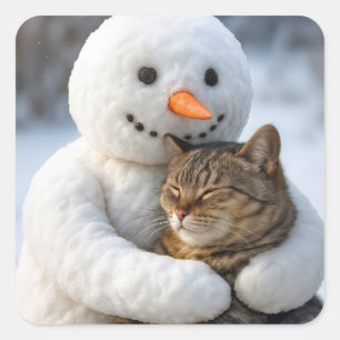 Pegatina Cuadrada Hombre de nieve abrazando a un gato envenenado