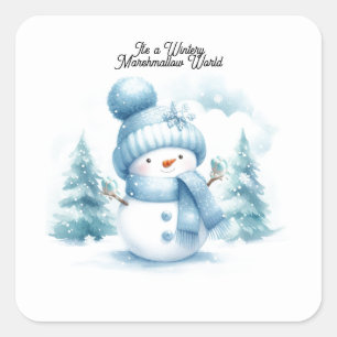 Pegatina Cuadrada Hombre de Nieve Azul Mundo de Malvavisco Invernal 