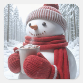 Pegatina Cuadrada Hombre De Nieve Con Chocolate Caliente