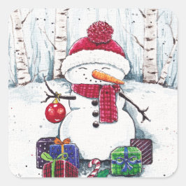 Pegatina Cuadrada Hombre De Nieve Con Regalos En Watercolor Classic