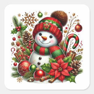 Pegatina Cuadrada Hombre de nieve festivo en rojo y verde