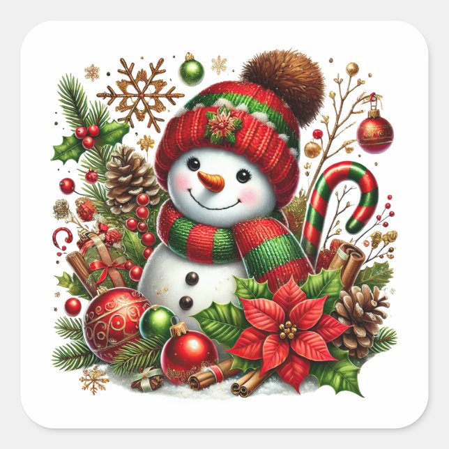 Pegatina Cuadrada Hombre de nieve festivo en rojo y verde (Anverso)