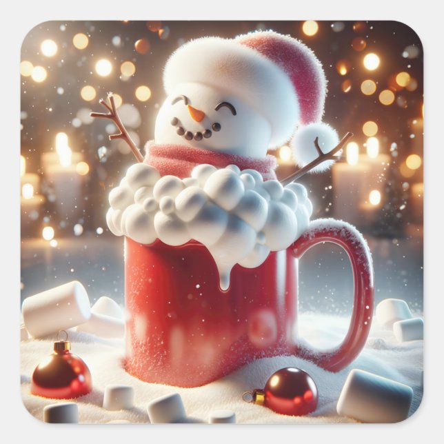 Pegatina Cuadrada Hombre De Nieve Marshmallow En Chocolate Caliente (Anverso)