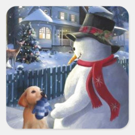 Pegatina Cuadrada Hombre De Nieve Y Perro Vintage De Navidad