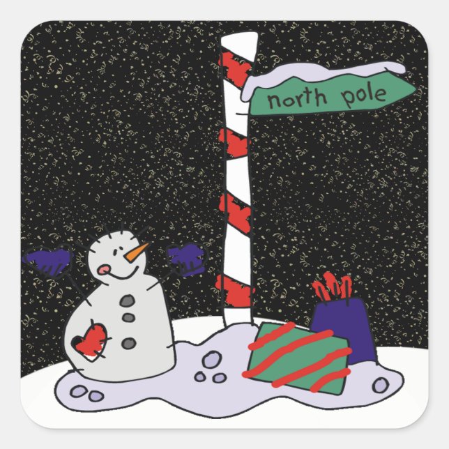 Pegatina Cuadrada Hombre de nieve y Polo Norte - (Anverso)