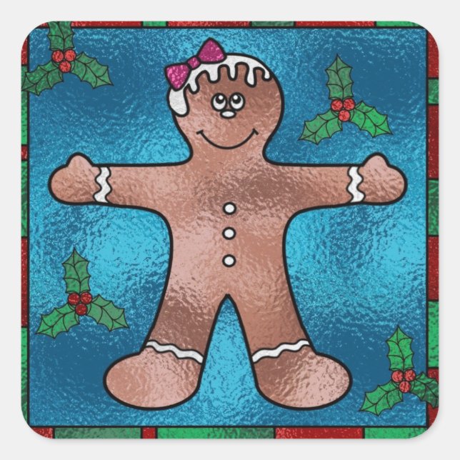 Pegatina Cuadrada Hombre de pan de jengibre de vidrio manchado (Anverso)