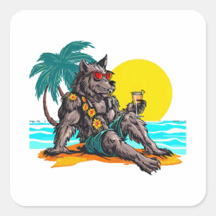 Pegatina Cuadrada hombre lobo de vacaciones