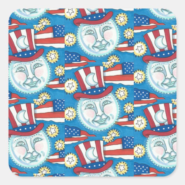 PEGATINA CUADRADA HOMBRE PATRIÓTICO DE ARTE FOLK EN LA LUNA (Anverso)