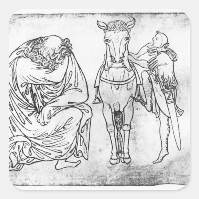 Pegatina Cuadrada Hombre sentado, caballero montando su caballo (Anverso)
