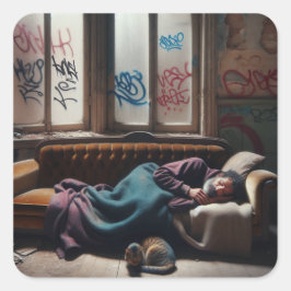 Pegatina Cuadrada Hombre sin hogar durmiendo en un edificio abandona