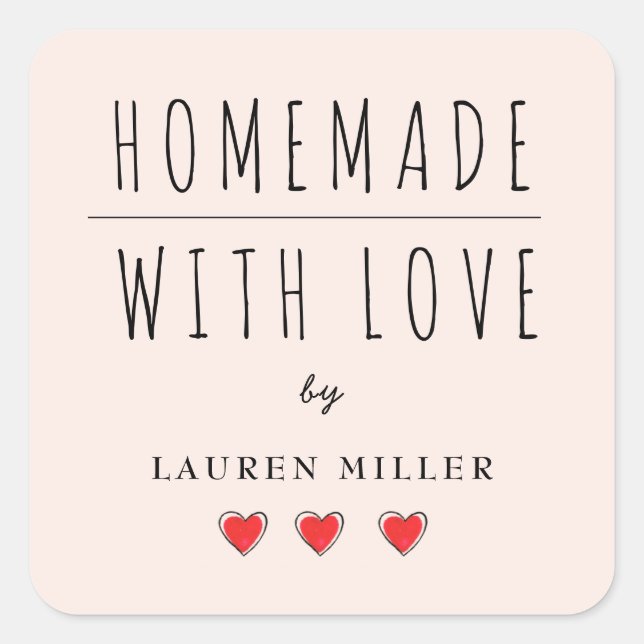 Pegatina Cuadrada HOMEMADE con AMOR rosa y negro (Anverso)