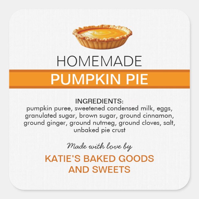 Pegatina Cuadrada Homemade Pumpkin Pie Label | Fall Baking Sticker (Anverso)
