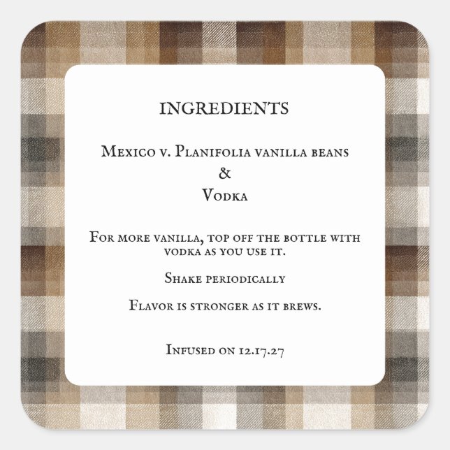 Pegatina Cuadrada Homemade Vanilla Extract Bottle Ingredients Labels (Anverso)