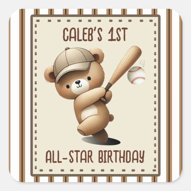 Pegatina Cuadrada Homerun Hitter Stripe Baseball Bear Primer Cumplea (Anverso)