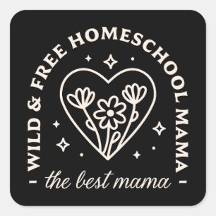 Pegatina Cuadrada Homeschool mamá homeschooler citas divertidas negr