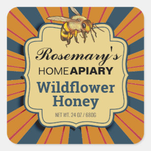 Pegatina Cuadrada Honey Bee Sunburst Dark Amber Honey Jar