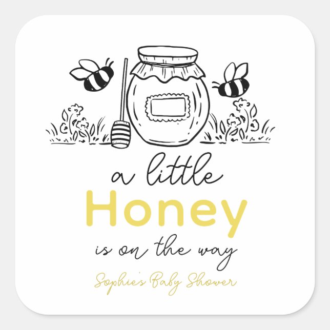 Pegatina Cuadrada Honey Hand-drawn Jar & Bees White Baby Shower (Anverso)