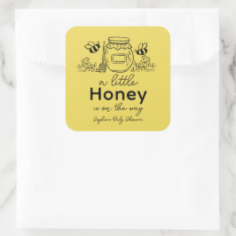 Pegatina Cuadrada Honey Hand-drawn Jar & Bees Yellow Baby Shower