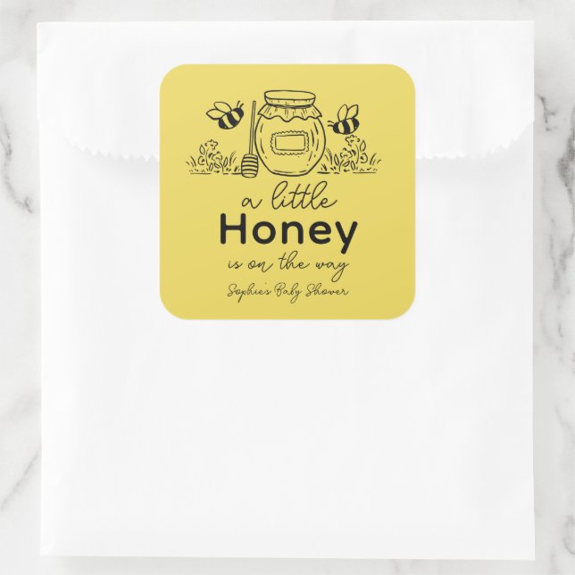 Pegatina Cuadrada Honey Hand-drawn Jar & Bees Yellow Baby Shower (Bolso)