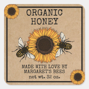 Pegatina Cuadrada Honey Jar Labels Honeybee Honeycomb Bee Apiary